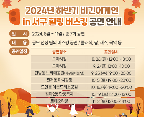 「2024년 하반기 비긴어게인 in 서구 힐링 버스킹」 공연 안내
  ❍ (일    시) 2024. 8월 ~ 11월 / 총 7회 공연
  ❍ (내    용) 공모 선정 팀의 버스킹 공연 / 클래식, 팝, 재즈, 국악 등
  ❍ (공연일정) 
연번 공 연 장 소 공 연 일 시
1 도마시장 8. 26.(월) 12:00~13:00
2 도마시장 9. 2.(월) 12:00~13:00
3 탄방동 보라매공원(서구문화원 앞) 9. 25.(수) 19:00~20:00
4 관저동 마치광장 10. 5.(토) 19:00~20:00
5 도안동 아름드리소공원 10. 16.(수) 19;00~20:00
6 갈마2동 단풍축제 10. 19.(토) 12:00~13:00
7 로데오타운 11. 2.(토) 13:00~14:00