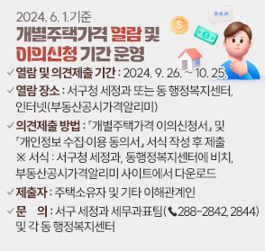 ❍ 열람 및 의견제출 기간: 2024. 9. 26. ∼ 10. 25.
❍ 열람 장소: 서구청 세정과 또는 동 행정복지센터, 인터넷(부동산공시가격알리미)
❍ 이의신청 제출 방법: 「개별주택가격 이의신청서」 및 「개인정보 수집‧이용 동의서」 서식 작성 후 제출
  ※ 서식: 서구청 세정과, 동행정복지센터에 비치, 부동산공시가격알리미 사이트에서 다운로드
❍ 제출자: 주택소유자 및 기타 이해관계인
❍ 문의: 서구 세정과 세무과표팀(☎288-2842, 2844) 및 각 동 행정복지센터