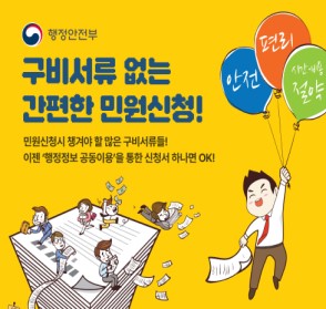 구비서류 없는 간편한 민원신청! 
민원신청시 챙겨야 할 많은 서류들!
이젠 "행정정보 공동이용"을 통한 신청서 하나면 OK!