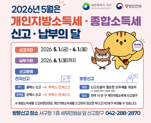 2026년 5월은 개인지방소득제 종합소득세 신고·납부의 달. 잊지마세요! 신고·납부. 신고기간 : 2026년 5월 1일(금) ~ 6월 1일(월). 납부기한 : 2026년 6월 1일(월)까지. 신고방법 : 전자신고(PC는 홈택스 신고에서 위택스 연계신고, 모바일은 손택스 신고에서 위택스 연계신고), 방문신고(대상 : 신고 도움이 필요한 모두채움 대상자. 납세자 본인 신분증 지참, 장소 : 영동군청 개인지방소득세 신고창구)