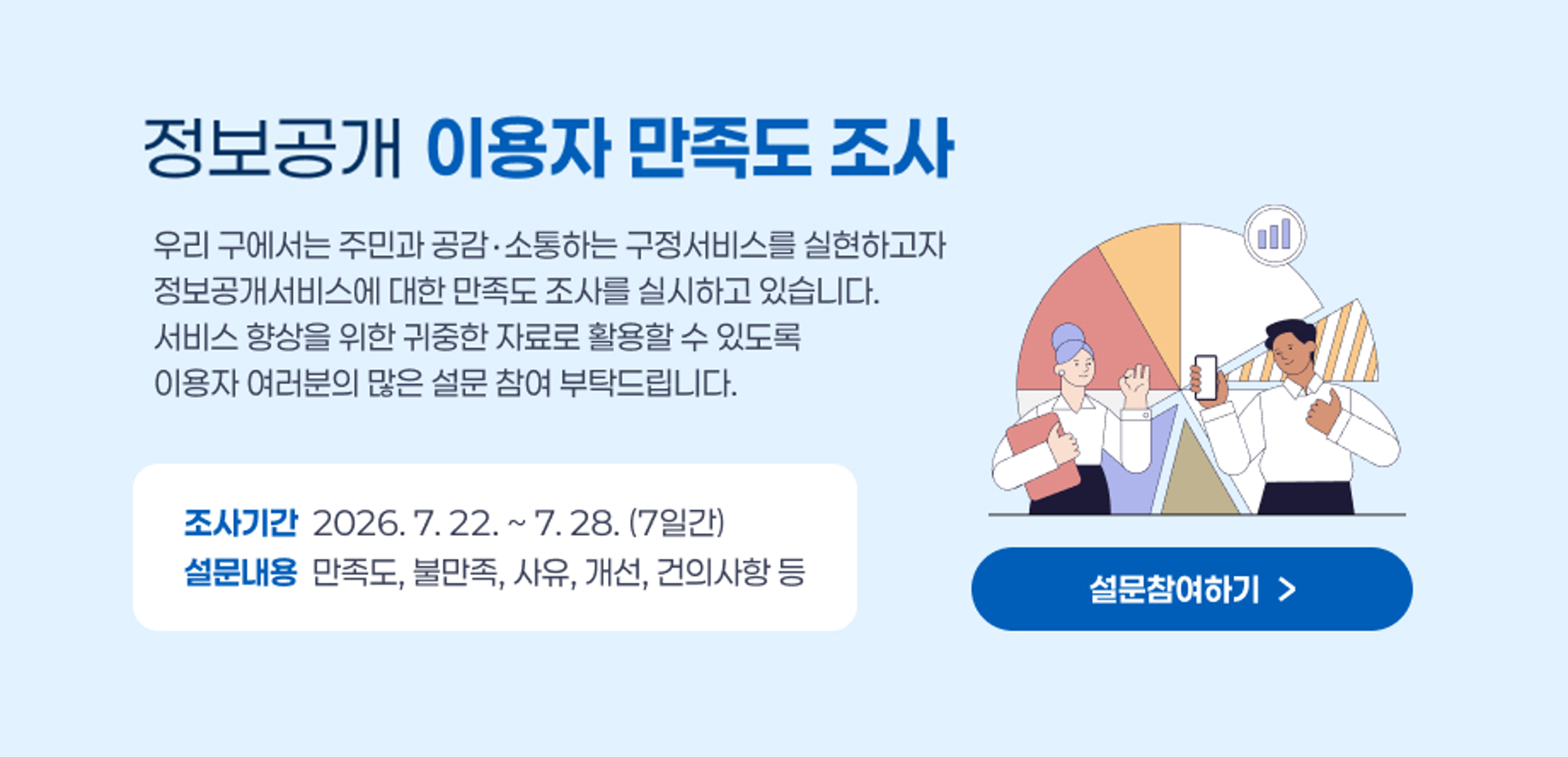 정보공개서비스 이용자 만족도 조사
우리 구에서는 주민과 공감․소통하는 구정서비스를 실현하고자 
정보공개서비스에 대한 만족도 조사를 실시하고 있습니다.
서비스 향상을 위한 귀중한 자료로 활용할 수 있도록
이용자 여러분의 많은 설문 참여 부탁드립니다.
조사기간  2026. 7. 22. ~ 7. 28. (7일간)
설문내용  만족도, 불만족, 사유, 개선, 건의사항 등
설문참여하기