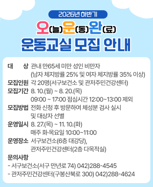 2026년 하반기 오(늘)운(동)완(료) 운동교실 모집 안내
구민 주권, 행복 도시 서구

대 상: 관내 만65세 미만 성인 비만자(남자 체지방률 25% 및 여자 체지방률 35% 이상)
모집인원: 각 20명(서구보건소 및 관저주민건강센터)
모집기간: 8.10.(월) ~ 8. 20.(목) / 09:00 ~ 17:00 * 점심시간 12:00~13:00 제외
모집방법: 전화 신청 후 방문하여 체성분 검사 실시 및 대상자 선별
운영일시: 8.27.(목) ~ 11.10.(화) / 매주 화·목요일 10:00~11:00
운영장소: 서구보건소(6층 대강당), 관저주민건강센터(2층 다목적실)
문의사항: - 서구보건소(서구 만년로 74) ☎042)288-4545
- 관저주민건강센터(구봉산북로 300) ☎042)288-4624