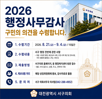 2026년 행정사무감사 구민 의견 수렴
- 수렴기간: 2026. 8. 21.(금) ~ 9. 4.(금) / 15일간
- 수렴내용: 서구 행정 전반에 관한 사항
- 제출방법: 서구 의회 홈페이지, 동 행정복지센터 방문 접수
- 문의처: 서구 의회사무국 의사팀(042-288-4952)