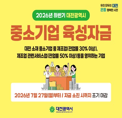 2026년 하반기 대전광역시 중소기업 육성
- 지원대상: 대전 소재 중소기업 중 제조업(전업률 30% 이상), 제조업 관련 서비스업(전업률 50% 이상)등을 영위하는 기업
- 자금종류: 경영안정자금, 창업 및 경쟁력 강화사업자금, 구매조건 생산지원자금
- 지원내용: 이차보전(1.5~3%), 저리융자 지원
- 신청기간: 2026년 7월 27일(월)부터, 자금 소진 시까지 조기 마감
- 신청방법: 대전일자리경제진흥원 사업공고 확인