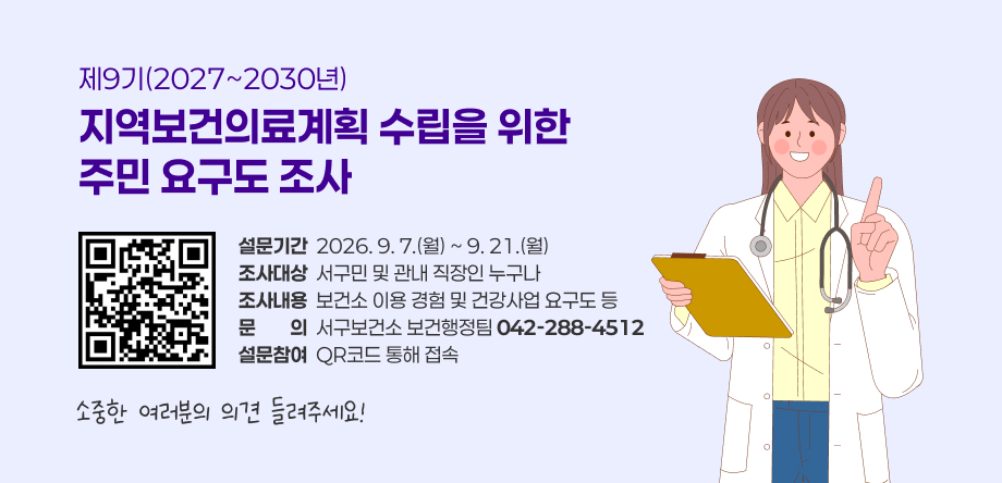 제9기 지역보건의료계획 수립을 위한 주민요구도 조사
- 설문기간: 2026. 9. 7.(월) ~ 9. 21.(월)
- 조사대상: 서구민 및 관내 직장인 누구나
- 조사내용: 보건소 이용 경험 및 건강사업 요구도 등
- 문의 서구보건소 보건행정팀(042-288-4512)