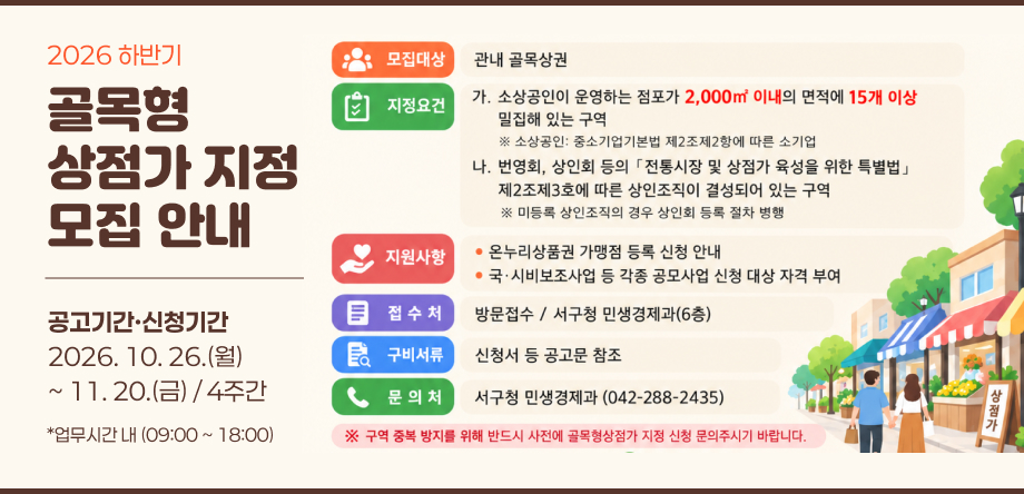 2026년 하반기 대전광역시 서구 골목형상점가 지정 모집 공고
공고 및 접수기간: 2026. 10. 26.(월) ~ 11. 20.(금) / 4주간
접수방법: 방문접수 / 서구청 민생경제과 사무실(6층)
필요서류: 서구청 홈페이지 고시‧공고란 확인